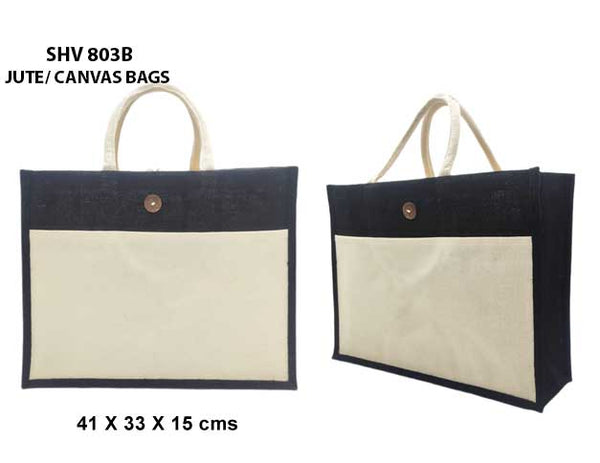 Jute/Canvas Bag with Button - Black
