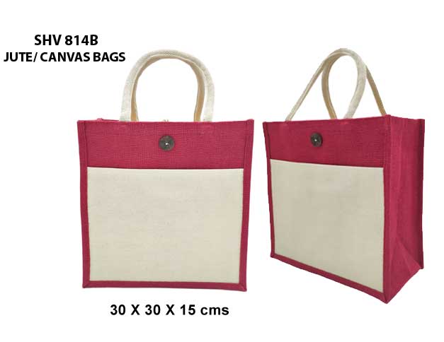 Jute/Canvas Bags with Button (Multicolor) - Red