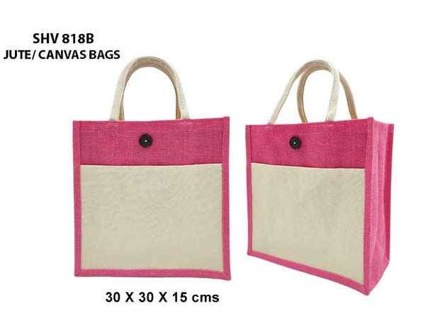 Jute/Canvas Bags with Button (Multicolor) - Pink