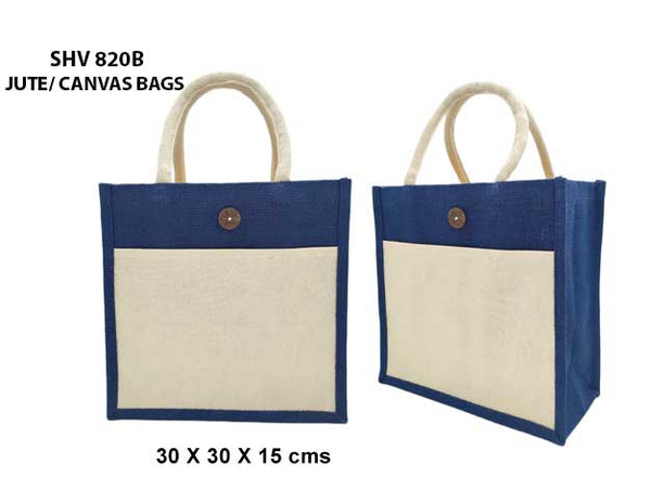Jute/Canvas Bags with Button (Multicolor) - Navy