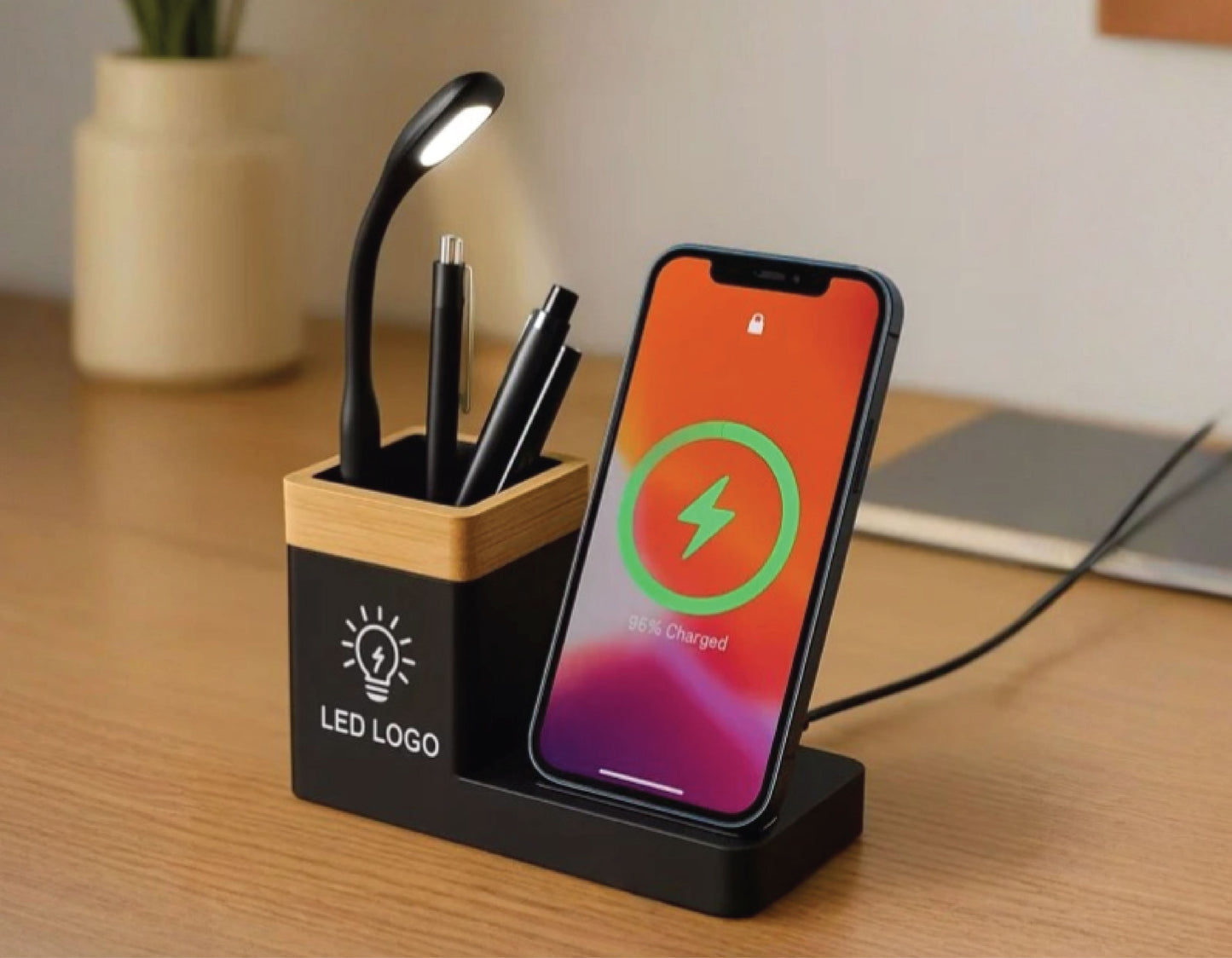 Bamboo Pen Holder with Wireless Charger
