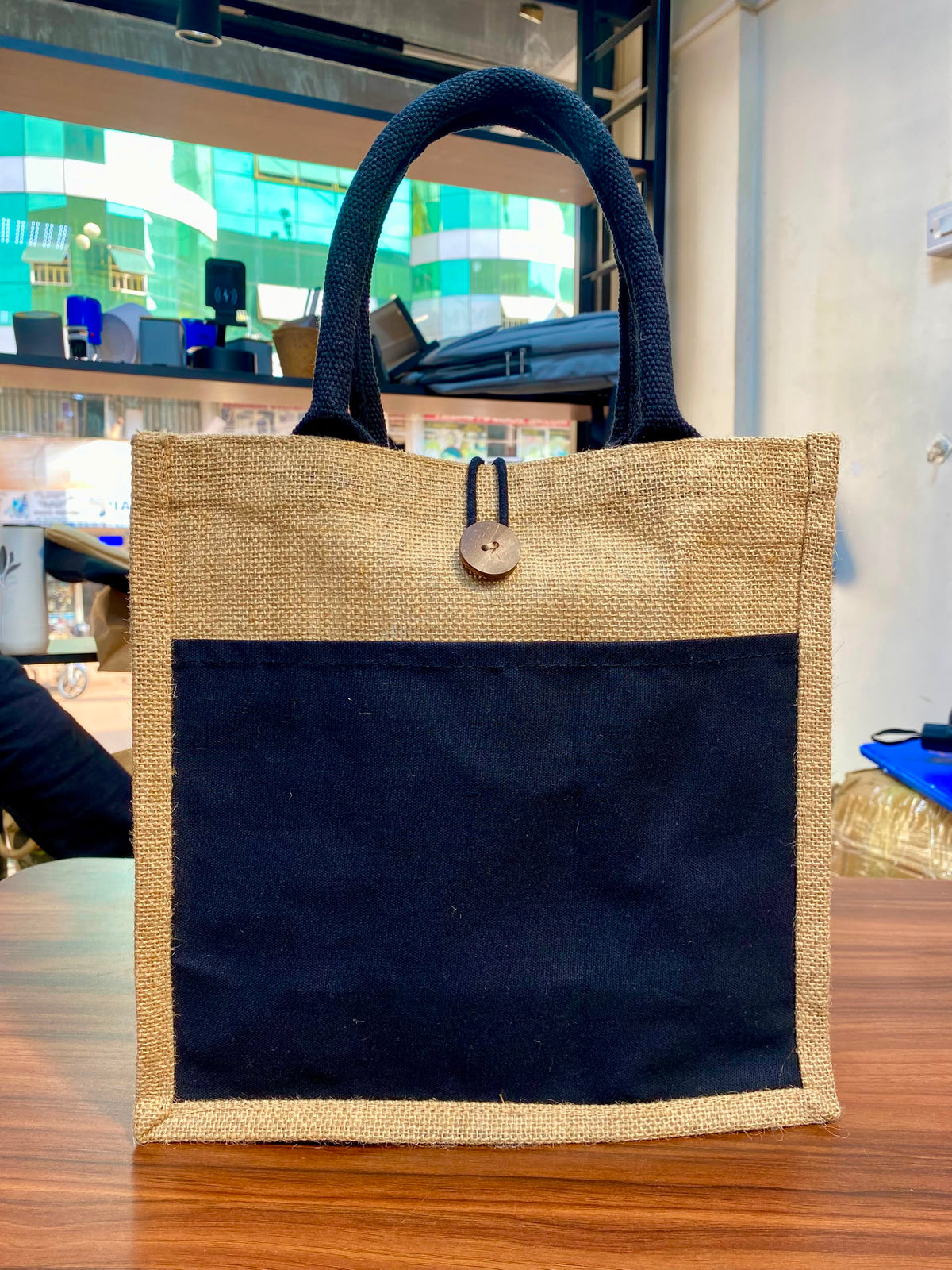 Jute/Canvas Bags with Button - Black 30x30x15