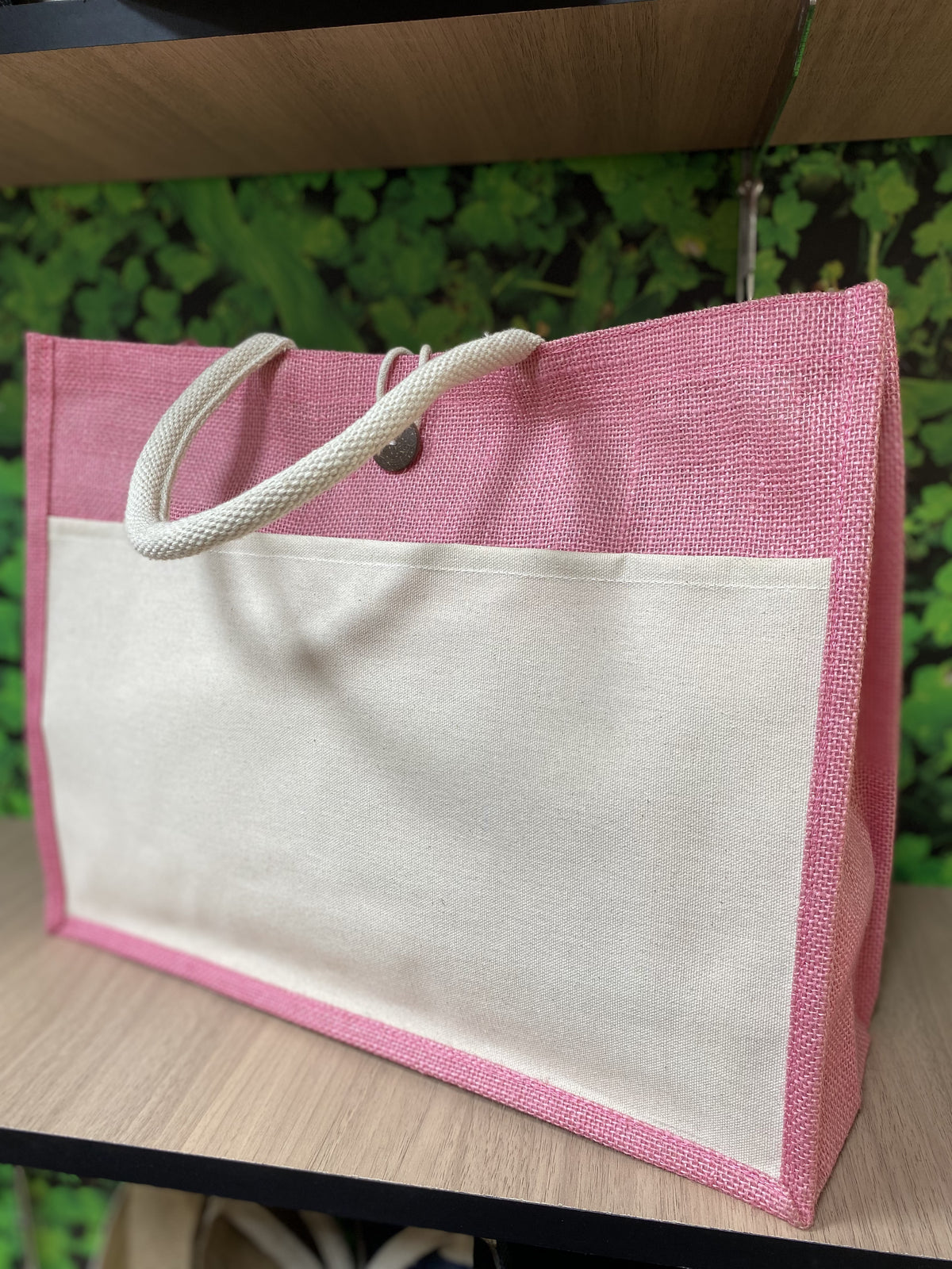 Jute/Canvas Bag with Button - Pink