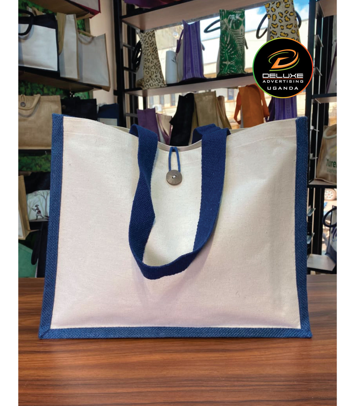 Jute/Canvas Bag with Button - Navy