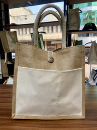 Jute/Canvas Bags with Button - Beige 30x30x15