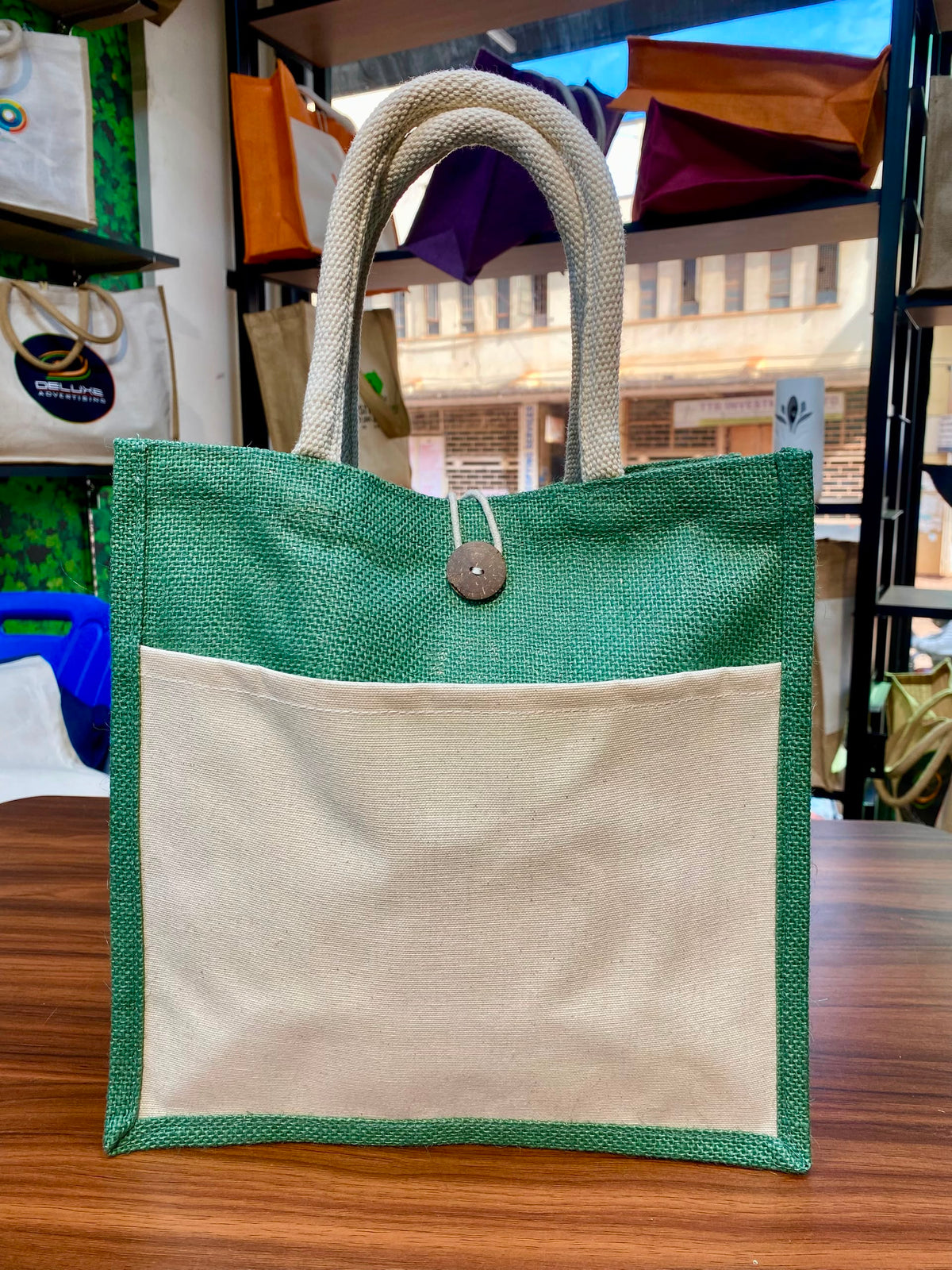 Jute/Canvas Bags with Button (Multicolor) - Green