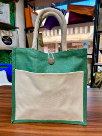 Jute/Canvas Bags with Button (Multicolor) - Green