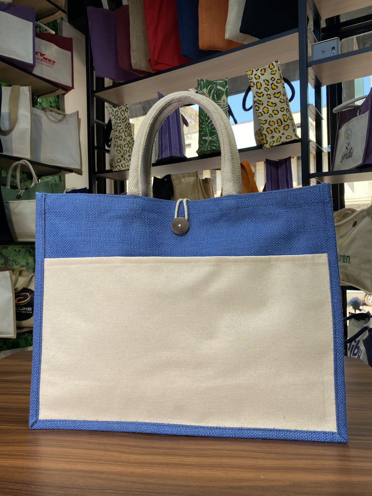 Jute/Canvas Bag with Button - Dark Blue
