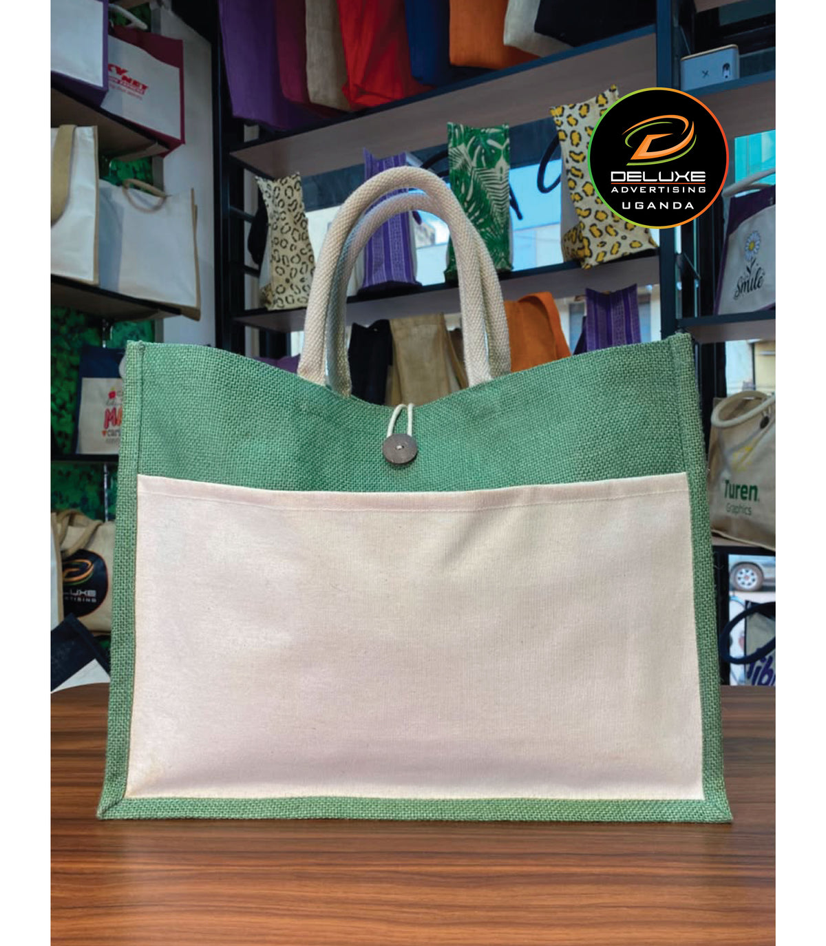 Jute/Canvas Bag with Button - Green
