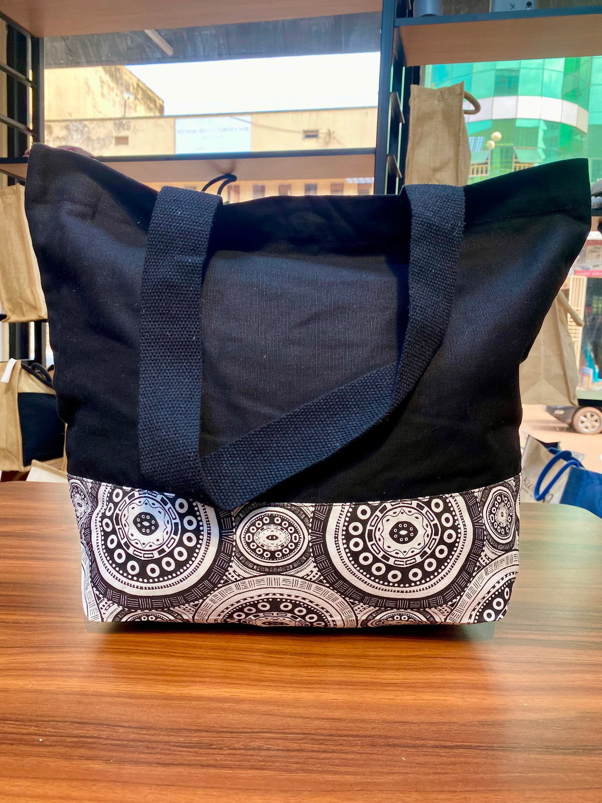 Jute/Canvas Bag with Print - Black 45x33x15