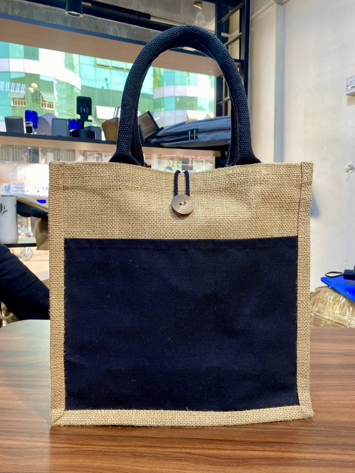 Jute/Canvas Bags with Button - Black 30x30x15