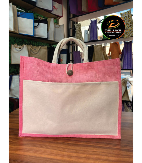Jute/Canvas Bag with Button - Pink