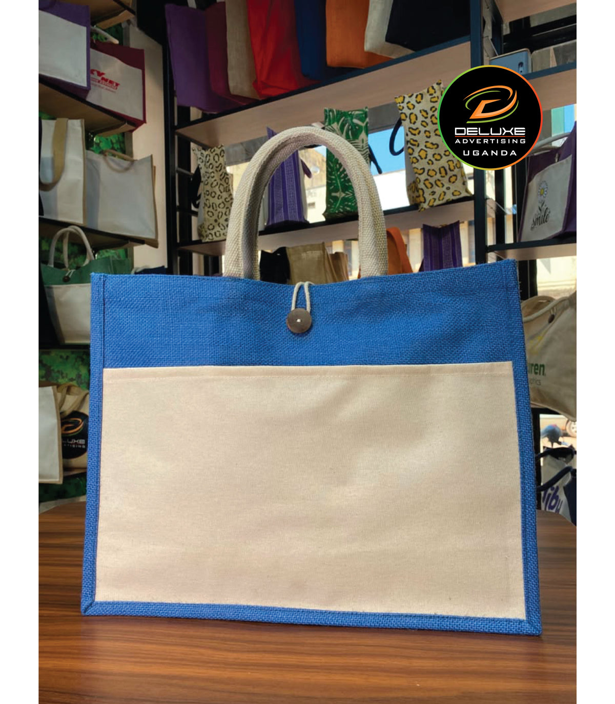 Jute/Canvas Bag with Button - Dark Blue