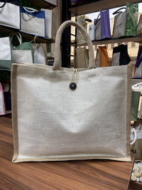 Jute/Canvas Bag with Button - Beige