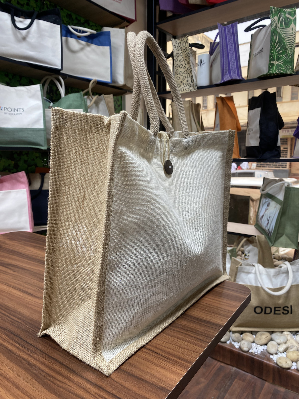 Jute/Canvas Bag with Button - Beige