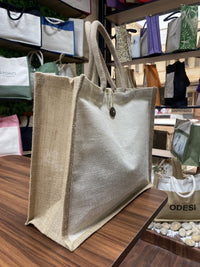Jute/Canvas Bag with Button - Beige