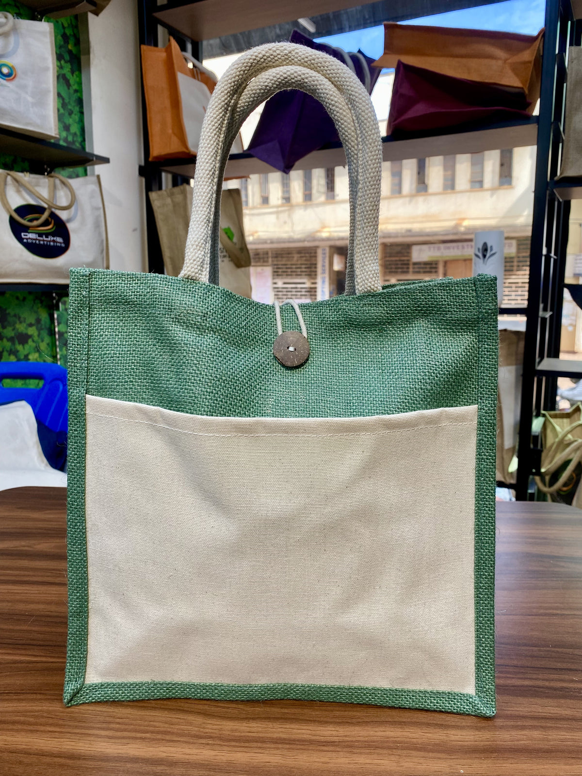 Jute/Canvas Bags with Button (Multicolor) - Green
