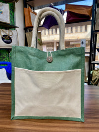 Jute/Canvas Bags with Button (Multicolor) - Green