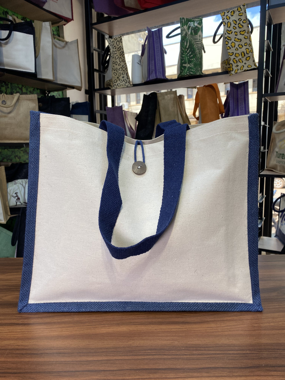 Jute/Canvas Bag with Button - Navy