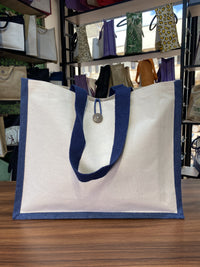 Jute/Canvas Bag with Button - Navy