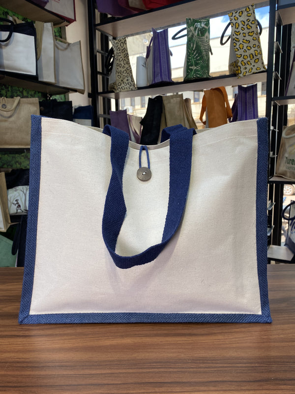 Jute/Canvas Bag with Button - Navy