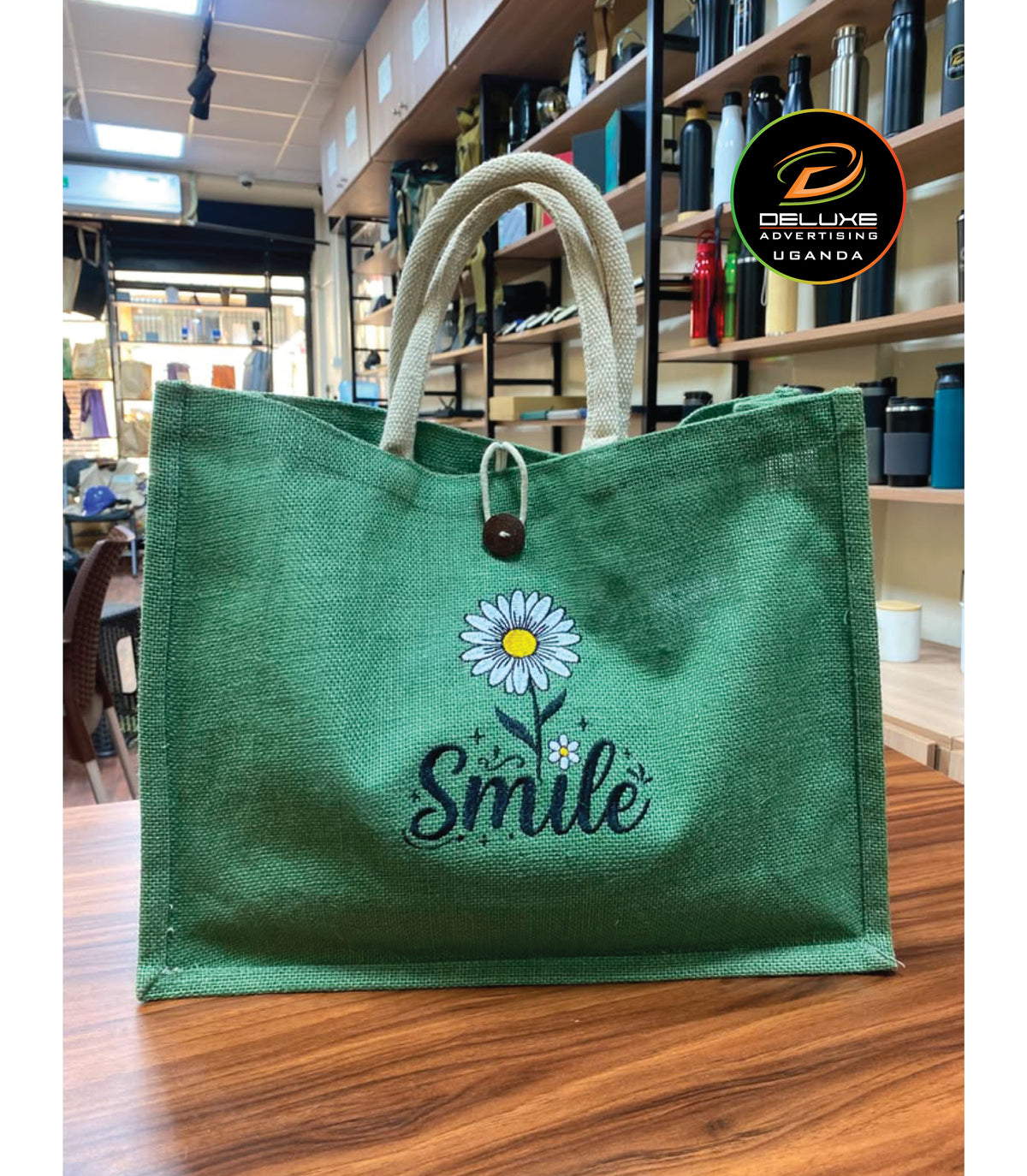 Jute/Canvas Bag with Button - Green