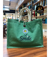 Jute/Canvas Bag with Button - Green