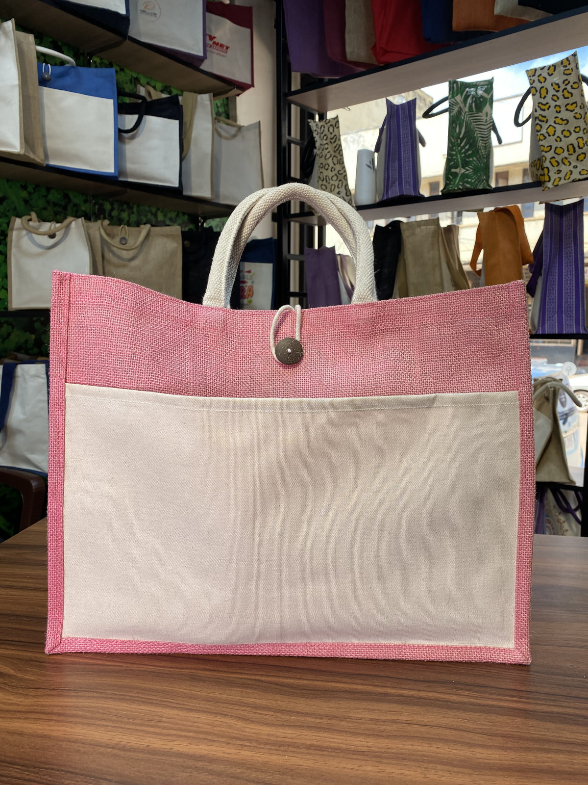 Jute/Canvas Bag with Button - Pink