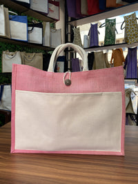 Jute/Canvas Bag with Button - Pink