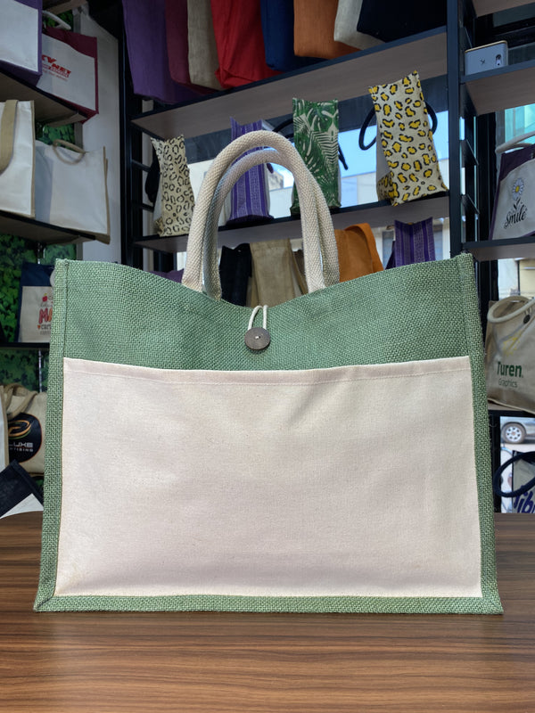 Jute/Canvas Bag with Button - Green