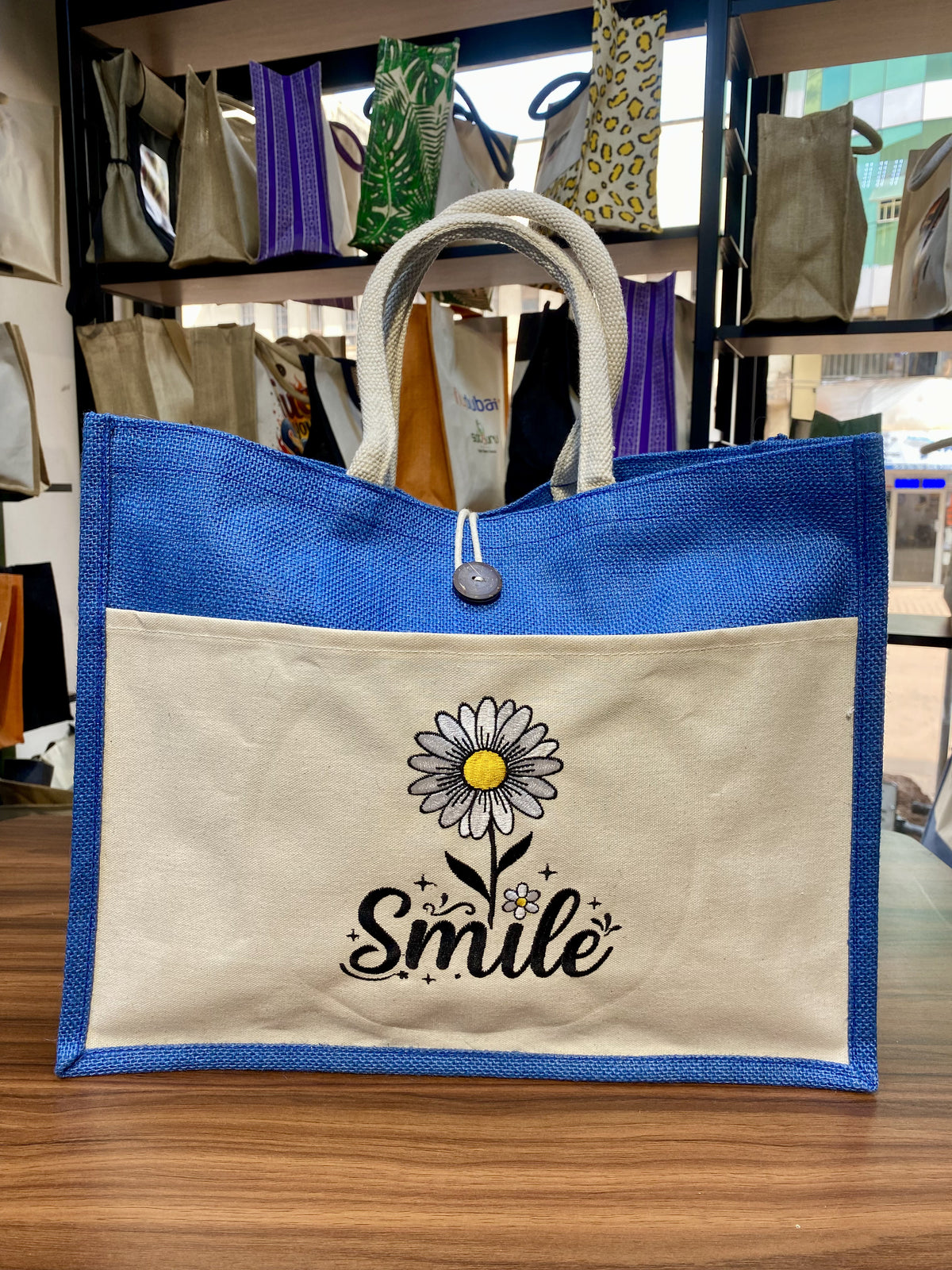 Jute/Canvas Bag with Button - Dark Blue