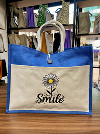 Jute/Canvas Bag with Button - Dark Blue