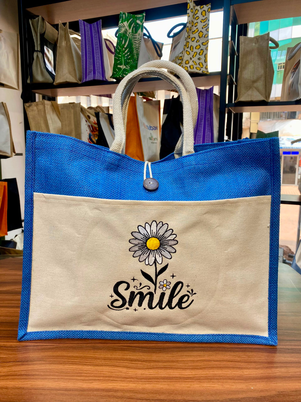 Jute/Canvas Bag with Button - Dark Blue