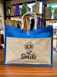 Jute/Canvas Bag with Button - Dark Blue