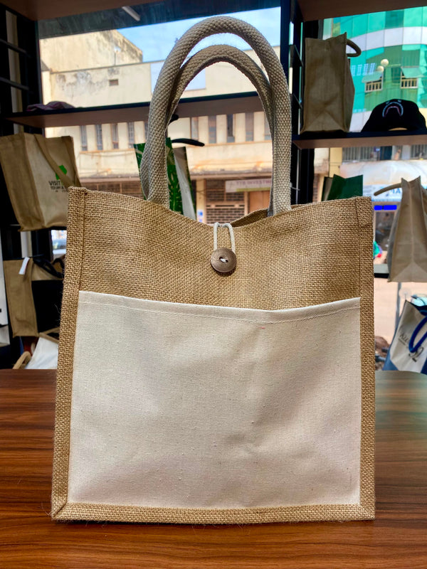 Jute/Canvas Bags with Button - Beige 30x30x15