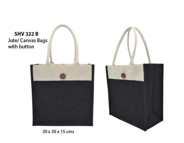 Jute/Canvas Bags with Button (Multicolor) - Black
